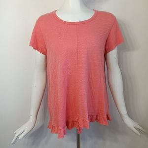 Left of Center Top Peach Marl Stretch Asymmetrical Raw Rolled Hem Short Sleeve
